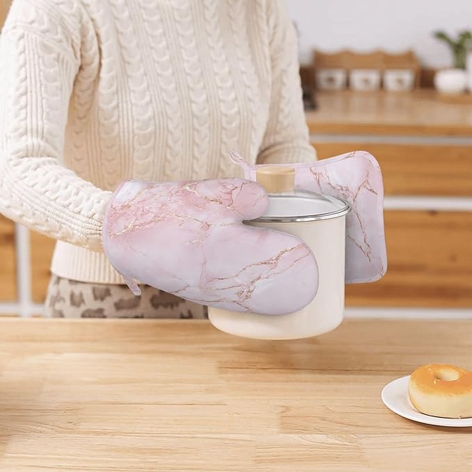 Oven Mitts and Pot Holders Light Pink Marble Art Silicone Kitchen Accessories Set of 4 Heat Resistant Long Gloves Potholder Non-Slip Grip for Chef Cooking Baking Grilling BBQ