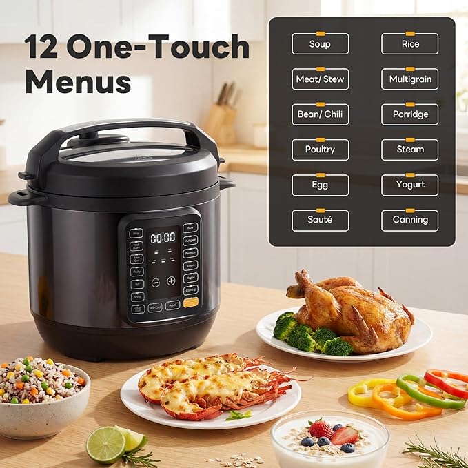 DUMOS 16-in-1 Electric Pressure Cooker, 6QT Programmable Multi Cooker with 12 One-Touch Presets, Soup Steam Yogurt and More, Ceramic Inner Pot Delay Start & Keep Warm, Includes Recipe Guide, Black