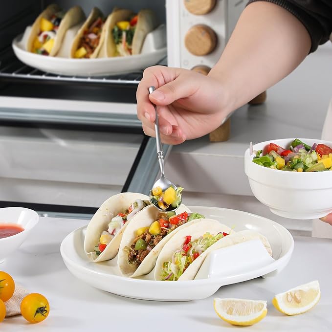 Dizada Taco Holders Set of 3-9" Porcelain Taco Plates with Dividers, Ceramic Taco Stand for Hard Soft Shells, Reusable Taco Serving Tray, Dishwasher Microwave Safe