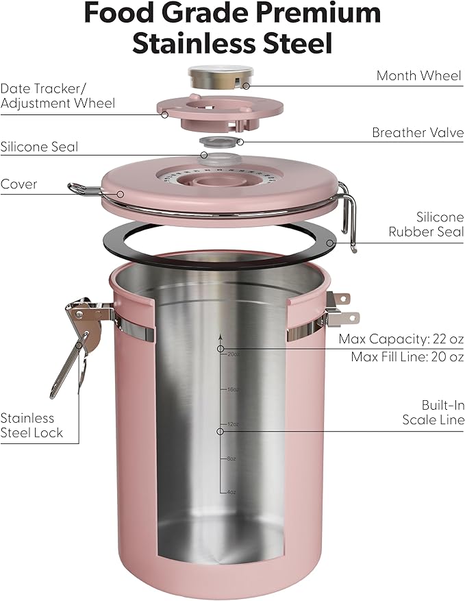 Veken Coffee Canister with Window, Airtight Stainless Steel Kitchen Food Storage Container with Lids, Date Tracker and Scoop for Grounds Coffee, Beans, Tea, Flour, Cereal, Sugar Jars, 22OZ, Pink