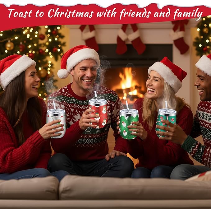 Sliner 4 Pack Pack Christmas Glitter Tumbler Bulk, 12 oz Holiday Wine Tumbler Set Stainless Steel Insulated Sparkling Glitter Cup with Lids Straws and Brushes Travel Mug Xmas Gift (Cute Style)