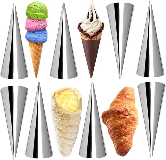 Joyeee 12 Pack Small Cream Horn Molds Stainless Steel, 3.4 Inch Mini Size Cone Shaped Cream Horn Forms with Cleaning Brush, Baking, for Christmas Party, Wedding Desserts, Festive Dinners