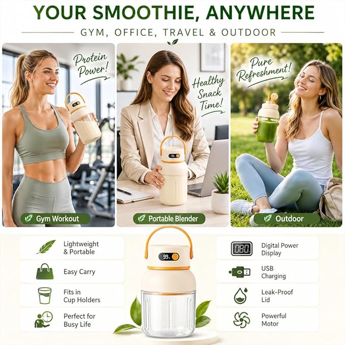 Portable Electric Juicer Cup with Zero Cord Hassle, 1200ml Multifunctional Wireless 2-In-1 Dual Lid Personal Blender Bottle with Straw 38-Blades USB Rechargeable for Gym Office Outdoor (1000ml)
