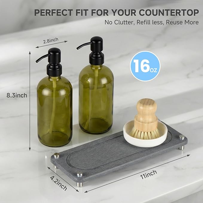 2 Pack Kitchen Soap Dispenser Set - 16oz Green Glass Dish and Hand Soap Dispenser with Stainless Steel Pump, Instant Dry Tray, Dish Brush & Holder, Refillable Countertop Sink Decor for Kitchen & Bath