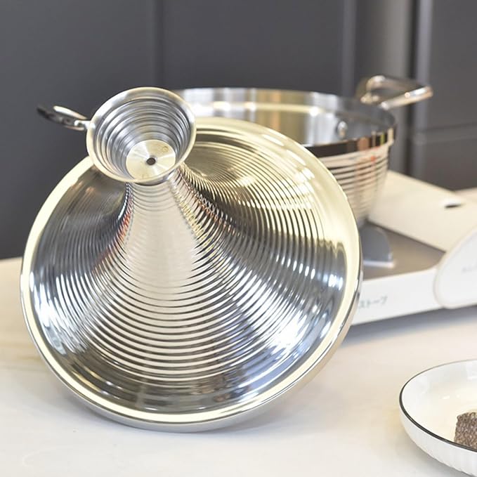 Moroccan Tagine Cooking Pot,Stainless Steel Non Stick Moroccan Casserole with 2 Handles,Large Moroccan Cooker Handmade Tagine Pot with Cone-Shaped Lid(23cm, Silver)