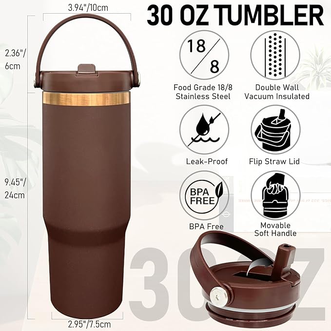 30 oz Tumbler Bulk with Handle and Straw, Vacuum Insulated Tumblers with Flip Straw and Top Handle, Leakproof Powder Coated Tumbler, Stainless Steel Travel Mug for Coffee Water (Browm, 8 Pack)
