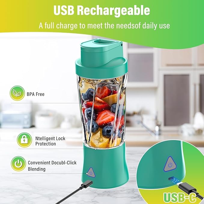 Portable Blender, 360W Personal Blender for Shakes and Smoothies for Kitchen, 24 Oz BPA Free Traveling Juicer Cup and Lid with 6 Blades, Self Cleaning Portable Juicer for Kitchen/Travel/Gym, Blue