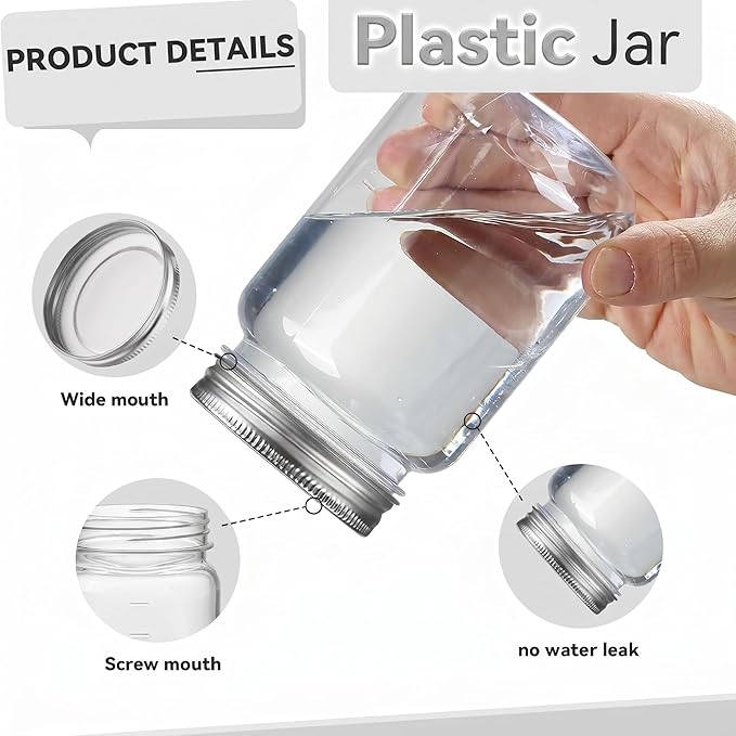 novelinks 16 oz Clear Plastic Jars with Lids, Refillable 16oz Mason Jars with Lids & Storage Containers for Kitchen & Household Use (10 Pack,Silver)