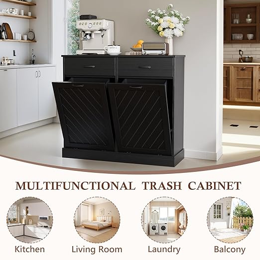 Double Tilt-Out Trash Can Cabinet, 2x13 Gallons Hidden Garbage, Hidden Kitchen Trash Cabinet with Storage Drawer, Pet-Proof Wooden Garbage & Recycling Cabinet for Kitchen, Laundry & Living Room, Black