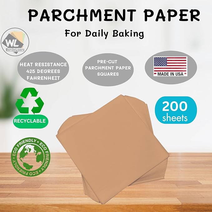 8x8 Inch Natural Parchment Paper Squares 200 Sheets | Made is USA | Worthy Liners Non-Stick Precut Baking Parchment, Perfect for baking and cooking
