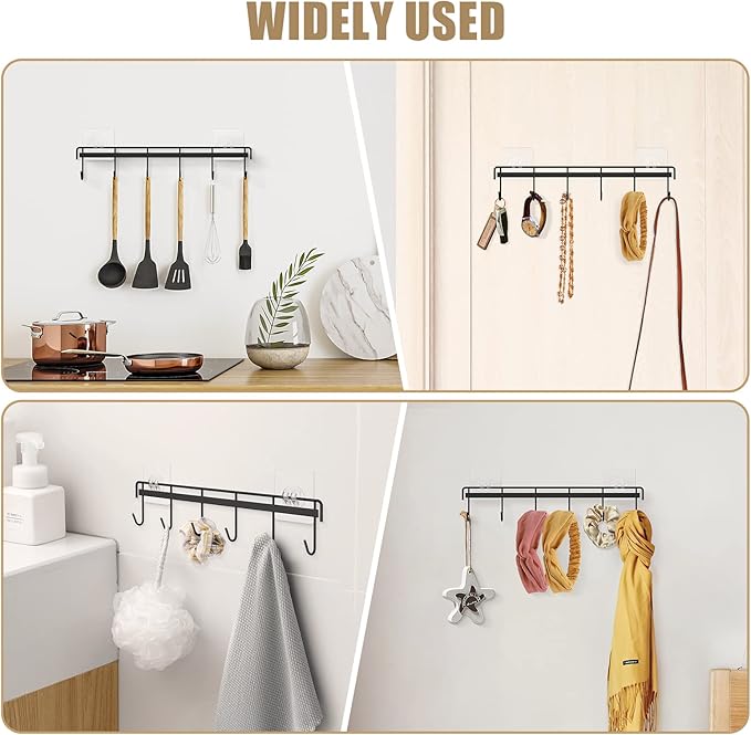 Kitchen Utensil Hanger, Adhesive Utensil Holder Wall Mount Kitchen Rack Rail with 12 Hooks, Space Saving and No Drilling, Black, 2 Pcs