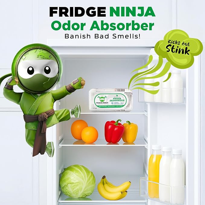 Fridge Ninja Fridge Deodorizer (2 Pack) - More Effective Than Baking Soda - Natural and Unscented Activated Charcoal Refrigerator Deodorizer and Odor Eliminator for Freezers, Coolers, and Lunch Boxes