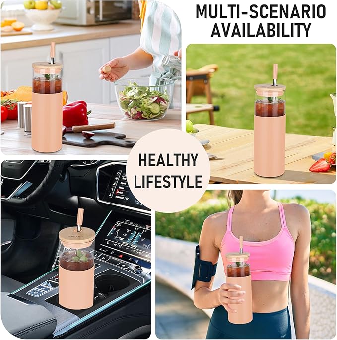 Glass Tumbler w/Lids & Straw:24oz Reusable Mug w/Bamboo Lid,Stainless Steel Straw, BPA-Free, Leak-Proof, Dishwasher Safe for Coffee, Smoothies, Hot Beverages,Travel,Office,Home Use,4-PK,Amber