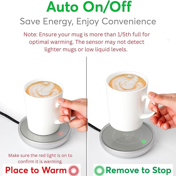 Coffee Mug Warmer with Auto Shut-Off – Compact 17W Cup Warmer for Desk with Gravity Switch – Electric Candle Warmer Plate for Jar Candles – Keeps Coffee, Tea & Drinks Warm – Safe & Durable (Silver)