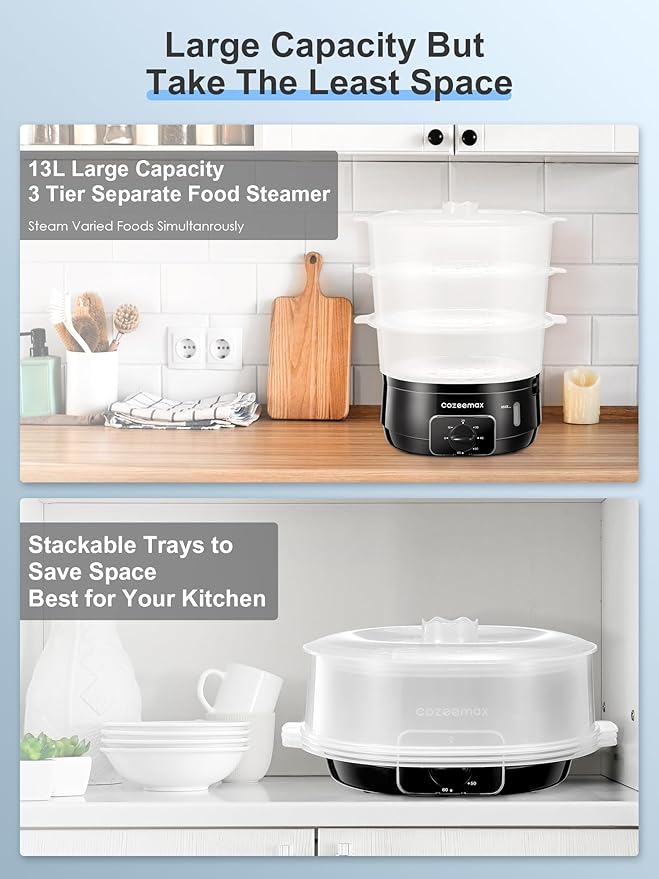 3 Tier Electric Food Steamer for Cooking, 13.7QT Vegetable Steamer for Fast Simultaneous Cooking, Veggie Steamer, Food Steam Cooker, 60 Minute Timer, BPA Free Baskets, 800W(Black)