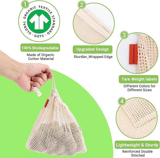 Pack of 6 Reusable Produce Bags Washable, 3 Sizes (2xS+2xM+2xL) Reusable Grocery Bags Heavy Duty Cotton Bag Mesh Bags for Vegetables, Enhanced Closure Edge, Double Stitched, with Tare Weight
