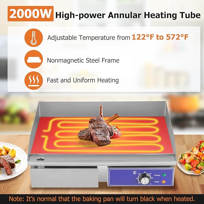 Happygrill 22" Commercial Electric Griddle, Stainless Steel Flat Top Grill w/Adjustable Temperature Control 122℉-572℉, Complete Accessories, 2000 W Electric Countertop Griddle for Kitchen Restaurant
