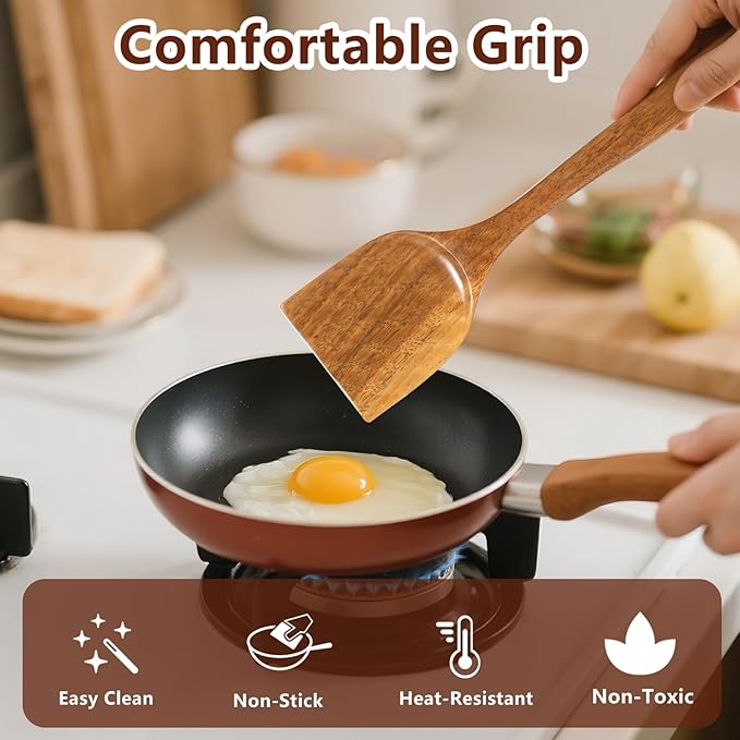 Wooden Spatulas, 2 PCs Natural Acacia Wooden Cooking Utensils Set for Non-stick Pan Kitchen Tool, flipping and Wok Spatula, Wooden Spoons & Spurtle for Cooking