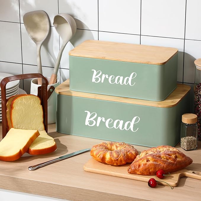 Teenyyou 2 Pcs Extra Large Bread Box with Slicer, Metal Farmhouse Bread Storage Container with Bamboo Cutting Board Lids Multi-size Breadbox Set for Kitchen Countertop (Sage Green)
