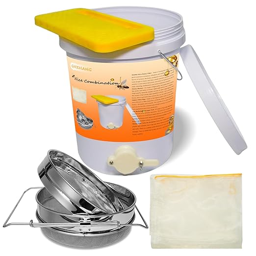 Honey Bucket 5 Gallon Beekeeping Supplies-Honey Gate & Stainless Steel Double Sieve Honey Strainer Honey Filter Bag Uncapping Tank Holder Honey Harvesting Equipment Beekeeping Kit (5 PCS/Set)