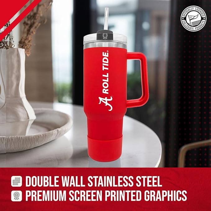 Campus Colors College & University 40 oz Travel Tumbler With Handle - Dual Option Lid With Straw - Vacuum Insulated Stainless Steel (Alabama Crimson Tide - Crimson)