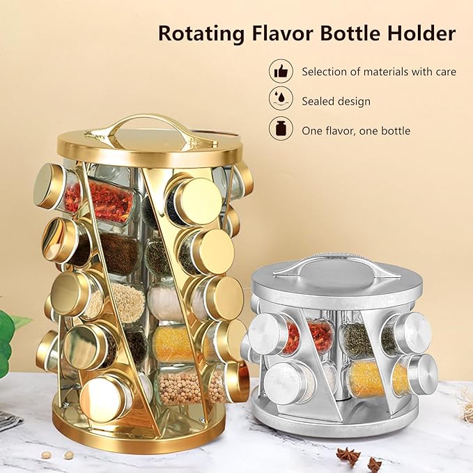 Portable Stainless Steel Spice Rack with 12 Spice Jars Included Revolving Spice Organizer for Kitchen Tower Storage Rack for Spices and Seasoning Silver
