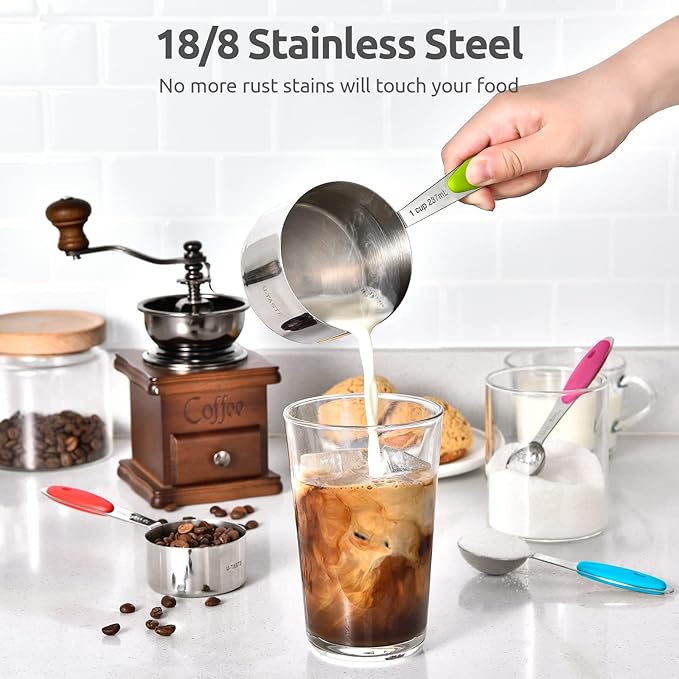 U-Taste Measuring Cups and Spoons Set:18/8 Stainless Steel 10 Pieces Metal Measure set (Multicolors),and 8"+10"+12" Kitchen Cooking Tweezer: 18/8 Stainless Steel Food-Grade Food Tong (Pointed Tip)