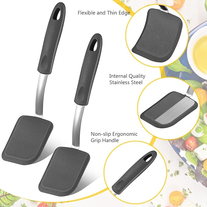 Silicone Cookie Spatula Turner 2 Pack Mini Brownie Spatula Flexible Kitchen Small Silicone Turner for Nonstick Cookware Heat Resistant No Scratch Flipper for Egg Pancake(Grey)