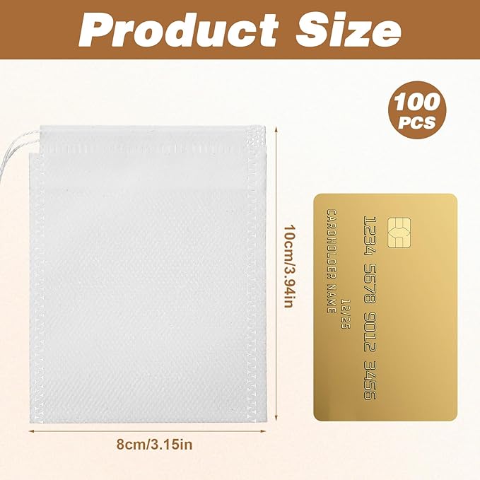 100Pcs Tea Bags for Loose Leaf Teas, Disposable Tea Bags, Disposable Non-Woven Filter Bag with Drawstring for Herbal, Coffee, Spice(3.15x3.94Inch)