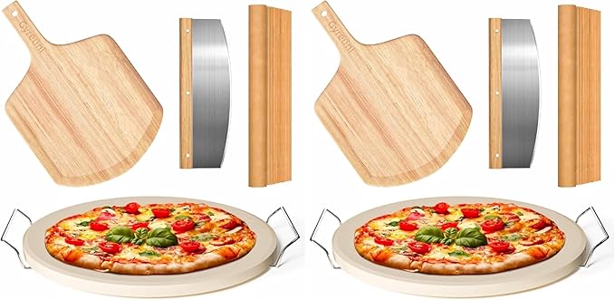 5 PCS Round Pizza Stone Set, 13" Pizza Stone for Oven and Grill with Pizza Peel(OAK),Serving Rack, Pizza Cutter & 10pcs Cooking Paper for Free, Baking Stone for Pizza, Bread (Pack of 2)