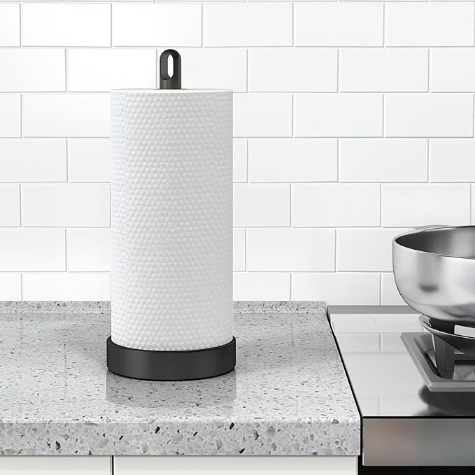 STWWO Black Paper Towel Holder Countertop, Freestanding Paper Towel Holders with Weighted Base, Stand Up Papertowel Holder for Kitchen Counter Top