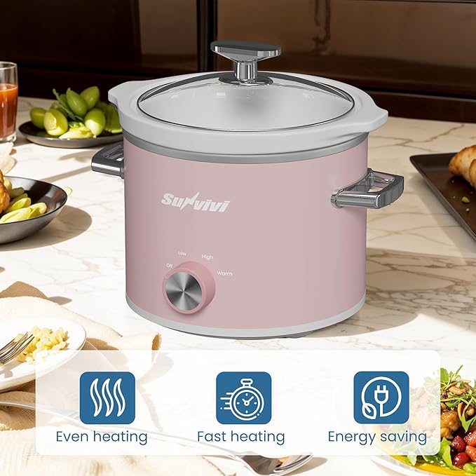 SUNVIVIPRO Small Slow Cooker with Removable Ceramic Pot, Food Warmer with 3 Heating Settings & Dishwasher Safe Glass Lid, Pink