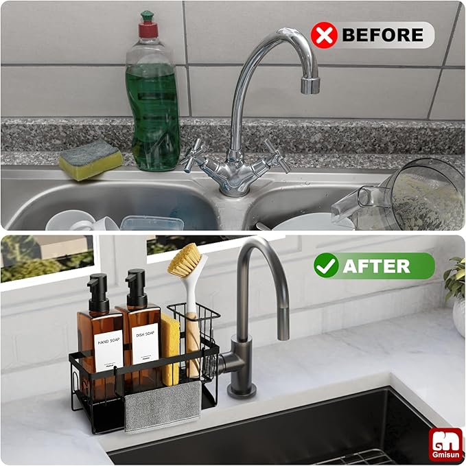 GMISUN Dish Soap Dispenser, 12 Fl oz / 350 ml Dual Soap Dispenser with Sponge Holder, Customized Amber Glass Kitchen Soap Dispensers Set, Modern Hand and Dish Soap Dispensers Set Removable