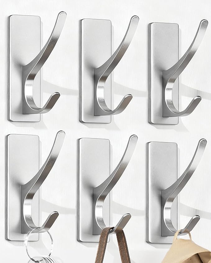 pickpiff Stick on Hooks for Hanging, Extra Sticky 6KG (Max), Coat Hook on Door for Towel Coat Hat Key, Self Adhesive Hangers Wall Mounted, Silver, 6 Pack