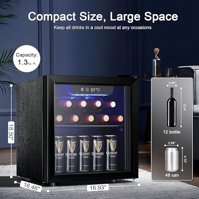 Antarctic Star 12 Bottle/48 Can Wine Cooler/Cabinet, Mini Drink Fridge, Clear Front Glass Door Counter Top Red Cellar Beer Soda Bar Quiet Compressor LED Display 1.3 cu.ft. Black