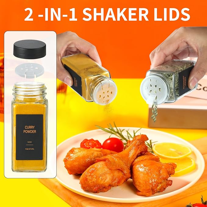 Spice Jars with Label，4oz Glass Spice Bottles With Shaker Lids，Seasoning Containers with Funnel, Chalk Pen for Cabinet，Drawer，Rack (Black, 36)