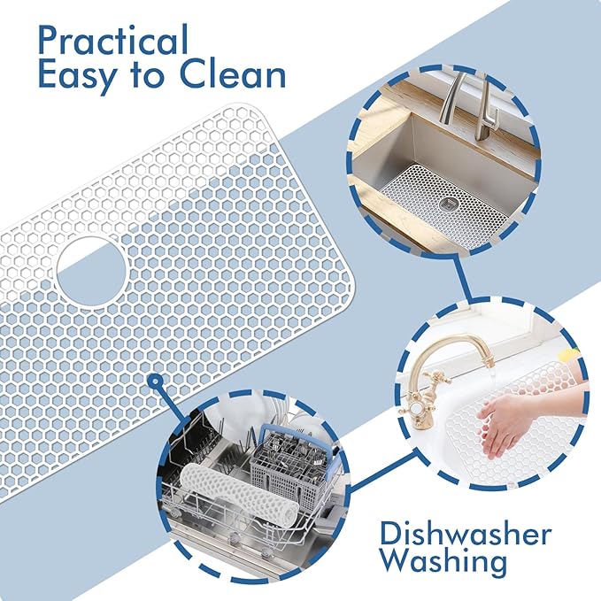 Bestjing Silicone Sink Protectors for Kitchen Sink with Rear Drain - 29.7"x 15.5" Kitchen Protector Accessory, Non-Slip Heat Resistan Mat for Bottom of Farmhouse Stainless Steel Porcelain (White)