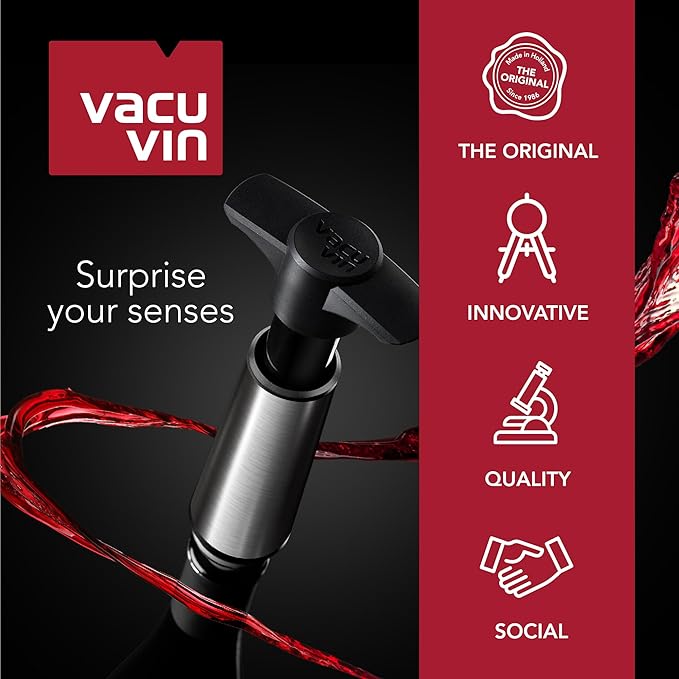 Vacu Vin Wine Saver Vacuum Stoppers - Set of 2 - Gray - Airtight Seal for Opened Bottles to Preserve Freshness Up to 10 Days - Food Grade Rubber - Easy to Use Perfect for Every Occasion