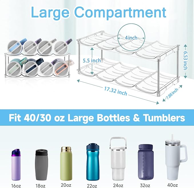 Stackable Water Bottle Organizer for Stanley 40 oz Tumbler, Larger Water Bottle Holder for Kitchen Cabinet, Pantry Organizers and Storage for Stanley Cup and Tumbler Organizer, Hold 8 Bottles