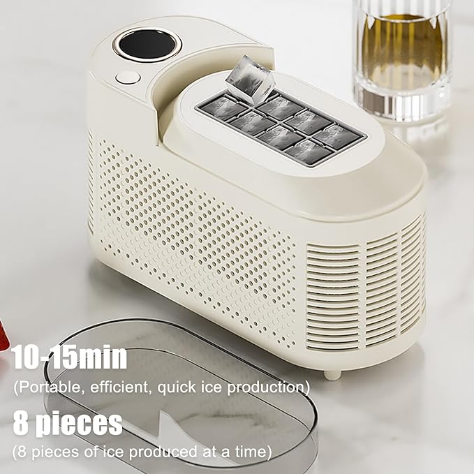 Mini Ice Maker Machine Counter Top for Home Office, Portable Clear Ice Cube Maker, 8 Cubes in 10 Mins, Low Noise, Easy Cleaning (White Car Power Cable)