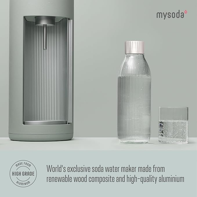 Mysoda Glassy Soda Streaming Machine + 1L Glass and 1L Plastic Bottle - Silent Carbonated Water Machine Soda Maker with Sliding Door Opening - No Cylinder Included - Pigeon