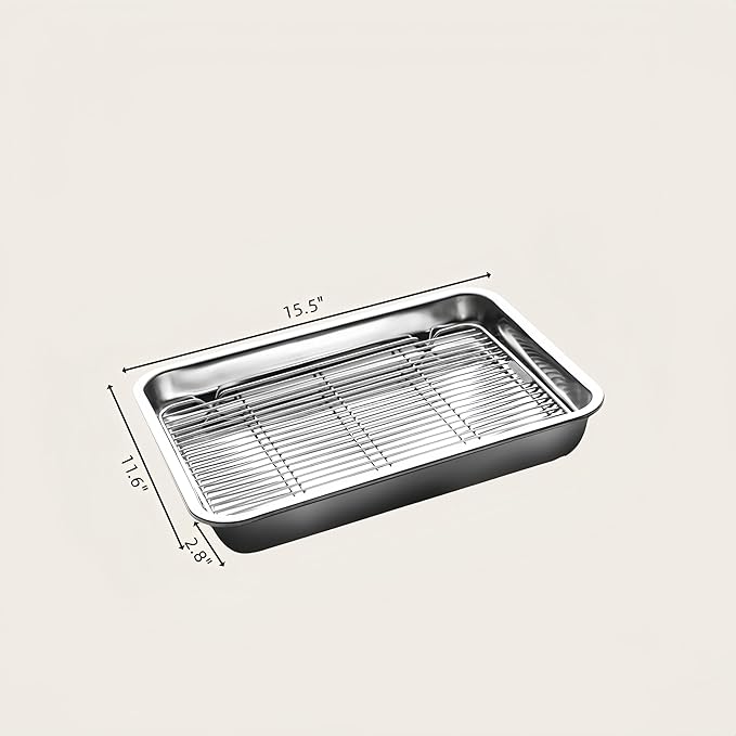 Roasting Pan Heavy Duty Stainless steel Turkey Pans for Oven,Toaster Oven Tray Pans with cooling rack,Hotel Pan, Barbeque Grill Pan,Deep Edge,Mirror treatment, Dishwasher Safe (15.5"x11.6"x2.8")