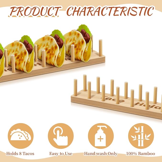 Pinkunn 4 Pcs Bamboo Taco Tray Holder Holds 8 Rack Tray Soft or Hard Shell Tacos Food Serving Stand for Tortillas Burritos Kitchen Accessory Housewarming Gift