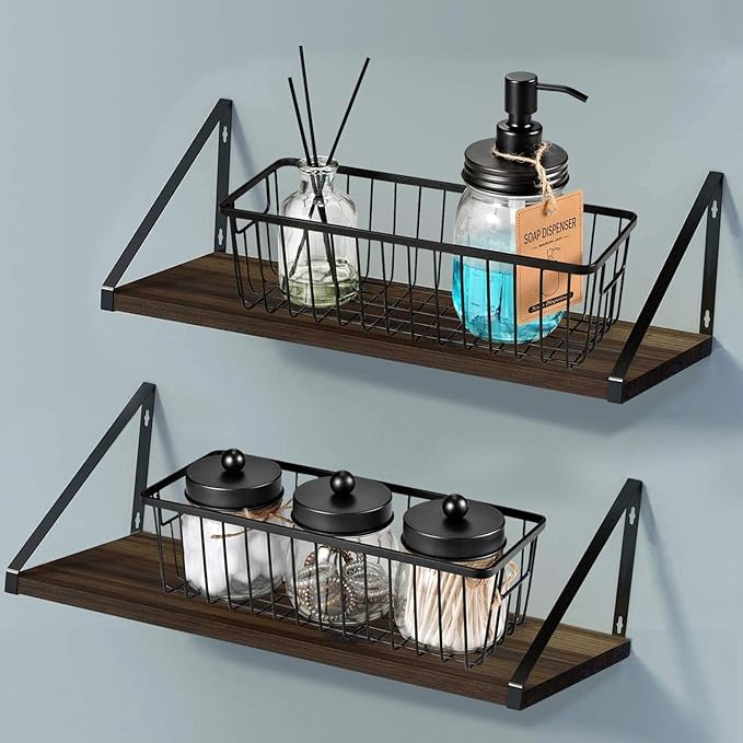 SheeChung Hanging Wall Wire Baskets - Small, 3 Pack - Portable Metal Wall Mount Basket, Farmhouse Rustic Home Food Storage Organizer for Cabinets, Pantry, Closets, Bathroom, Kitchen, Bedroom (Black)