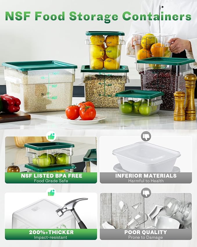 8QT NSF Food Storage Containers: 6PCS [Food Grade][Hot&Cold Resistant] Commercial Clear Food Storage Containers with Lids for Restaurant Kitchen Proof Dough, Measuring Spoons Included(GREEN, N)