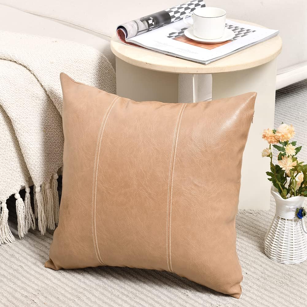 Fancy Homi Tan Decorative Throw Pillow Covers 16x16 Inch for Living Room Couch Bed, Modern Farmhouse Boho Home Decor, Faux Leather Hand Stitched Beige Accent Square Cushion Case 40x40 cm