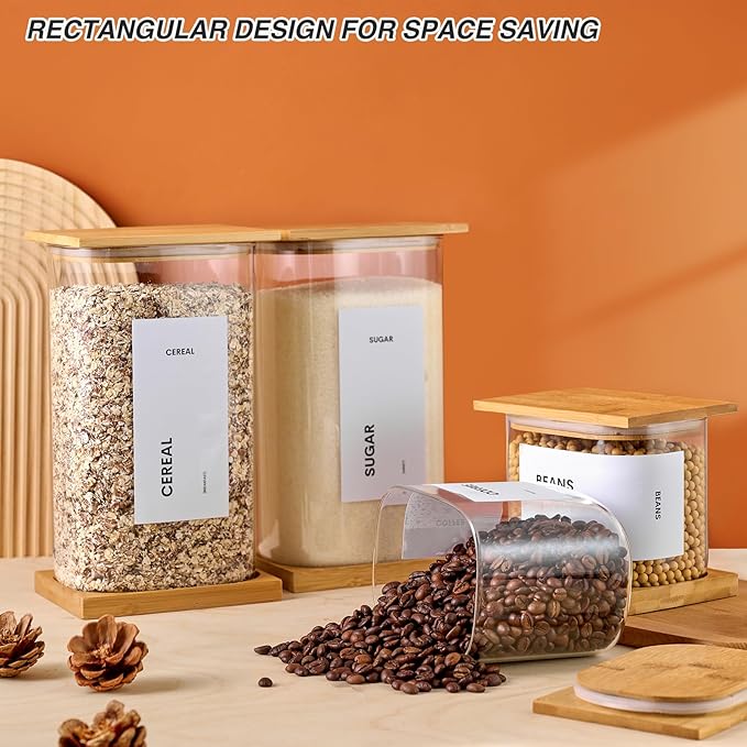 Glass Storage Jars with Bamboo Lids, 100oz Square Food Storage Containers for Kitchen Pantry Organization, Storage Canisters with Labels for Cereal Flour Beans Tea, Large Spice jars Seasoning Bottles