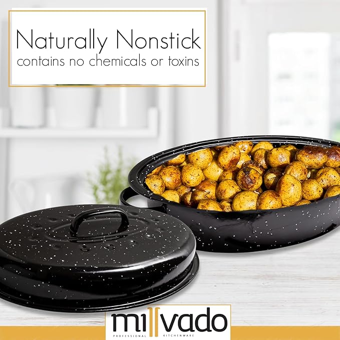 Millvado Roasting Pan With Lid, Turkey Roaster Pan, Extra Large 15 lb Capacity, 18" Granite Oven Roaster Oval Shaped Speckled Enamel on Steel Cookware