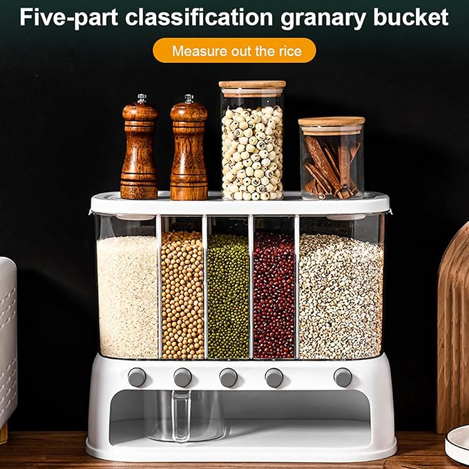 ETOYA Dry Food Dispenser, Wall mounted 5 Grid Cereal Dispenser,Rice dispenser 25 pounds Kitchen Storage with Measuring Cup for Kitchen, Pantry, Restaurant & Bulk Food