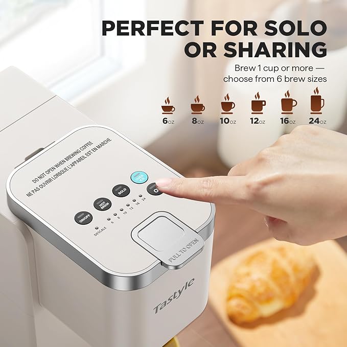 Tastyle Single Serve Coffee Maker, Iced and Hot Coffee Machine for K Cup & Grounds, Compact Design, 40oz Removable Water Reservoir, 6 to 24 Oz Brew Sizes, Fits 7.3" Travel Mug, Beige